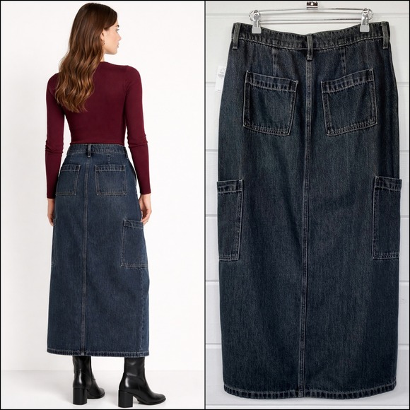 90s Cargo Pocket Column Denim Maxi Skirt‎ 16 Mid Rise Vtg Y2K Utility Streetwear - Picture 2 of 10
